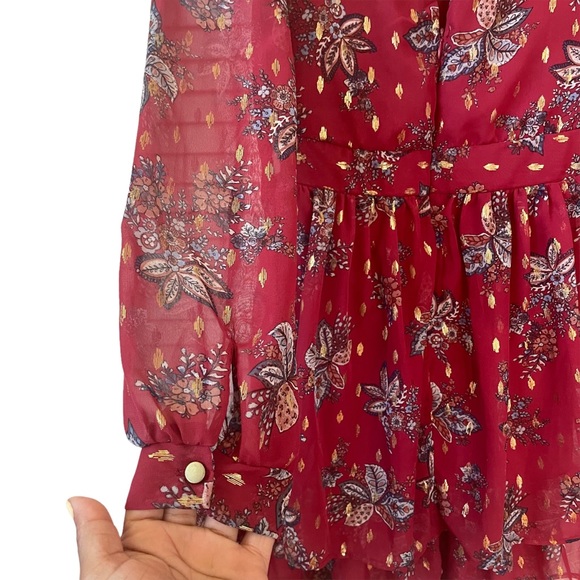 NWT! Mi Ami V-neck Balloon Long Sleeve Flowy Burgundy Mini Dress Size XXS - Picture 5 of 13